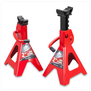 Jack Boss front view of two red stands showing compact pair and clear capacity