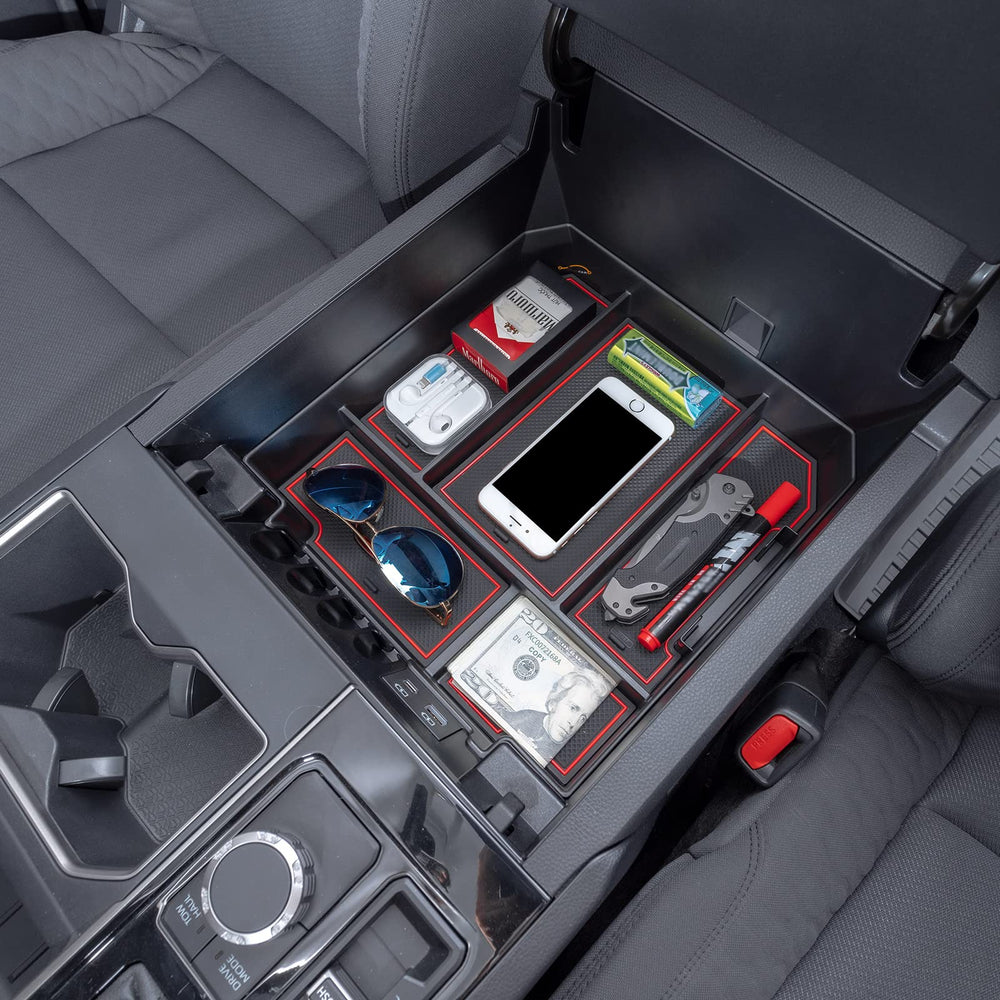JDMCAR front view of center console organizer showing tidy compartments and improved storage