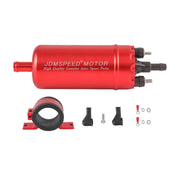 JDMSPEED front view of red external fuel pump showing compact design and reliability