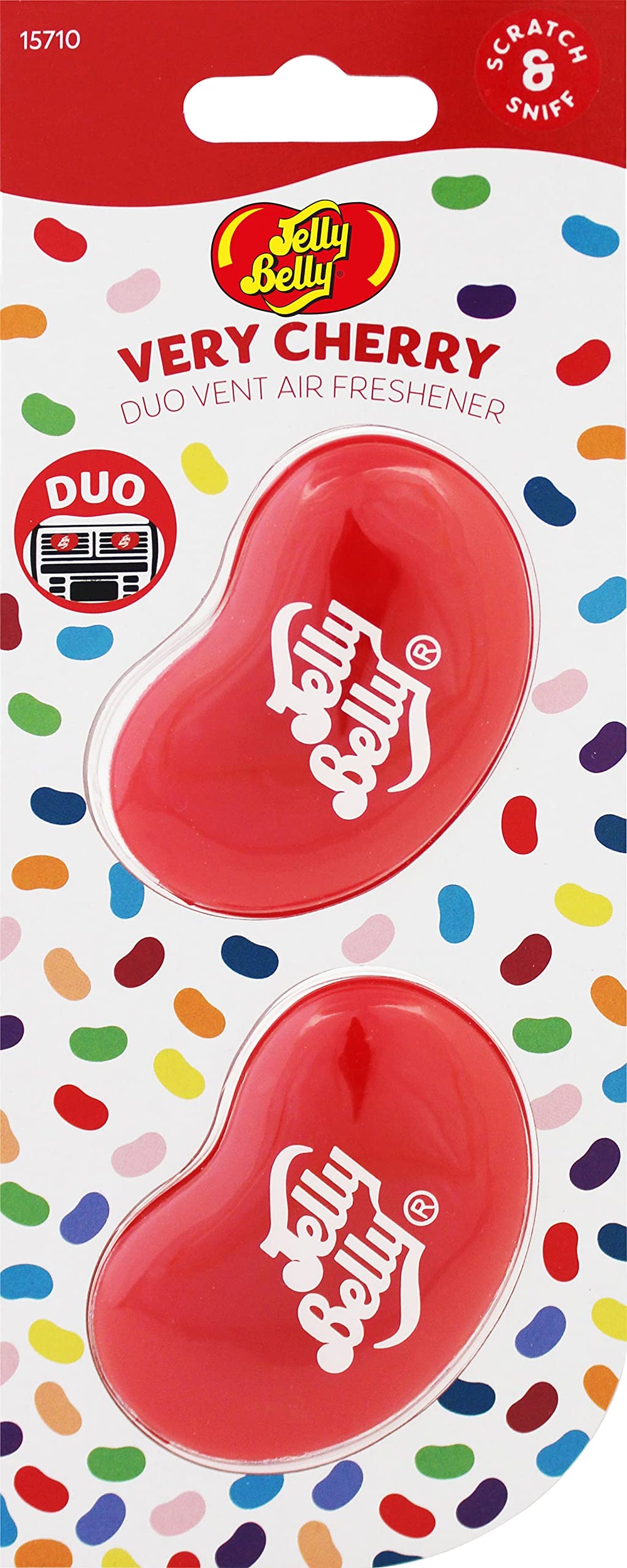 Jelly Belly front packaging showing duo pack and bright cherry color benefit: easy identification