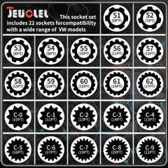 JEUCLEL various sockets displayed to match multiple VAG locking nut patterns