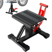 JFG RACING front view of red hydraulic stand showing sturdy frame and finish, adds workshop stability