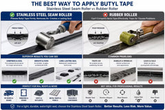 JIADING roller in use on RV roof compressing seam tape to reduce bubbles and lift