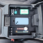 JKCOVER front view of console tray showing organized compartments and quick access