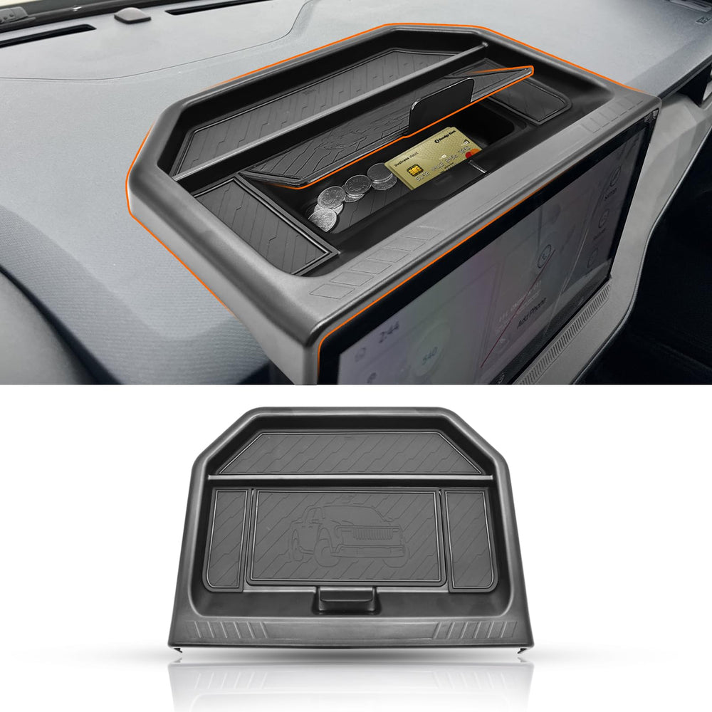 JLQP front view of organizer installed for tidy dash and improved storage