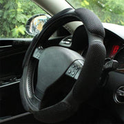 Jonscart steering wheel cover front view showing black finish and snug fit for comfort
