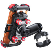 JOYROOM front view of motorcycle phone mount showing secure clamp and button