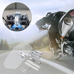 Justech mounted on sportbike demonstrating reduced wind buffeting