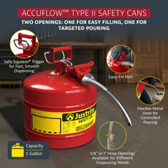 Justrite gas can flexible metal hose closeup demonstrating precise targeted pouring benefit