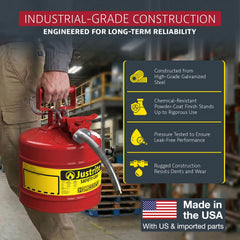 Justrite safety can top fill port and ergonomic handle for faster, easier filling