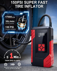 JXTKD inflator attached to car tire demonstrating fast roadside inflation