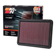 K&N front packaging 33-2144 showing ready-to-install filter benefit increased airflow