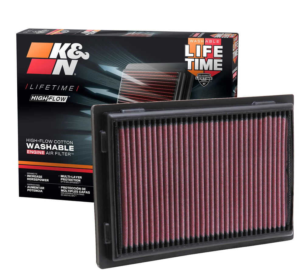 K&N front packaging 33-2381 showing brand and fitment benefits