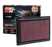 K&N front packaging 33-2381 showing brand and fitment benefits