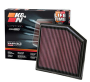 K&N front packaging 33-2452 showing product and fitment list benefits
