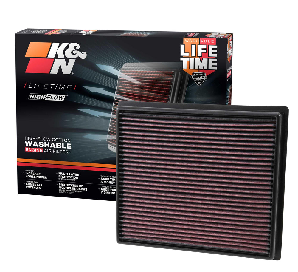 K&N front packaging showing model 33-5017 and fitment benefits