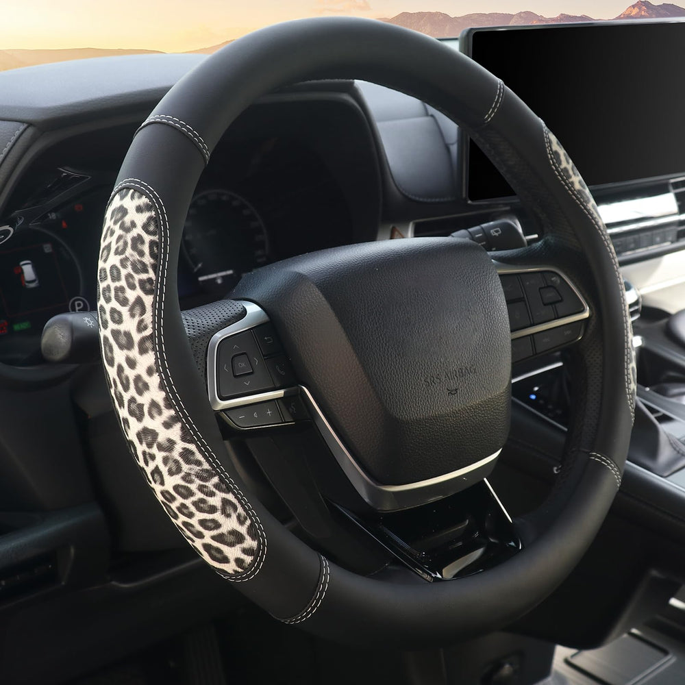 KAFEEK front view of leopard steering wheel cover showing pattern and fit benefits