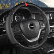 KAFEEK front view of black steering wheel cover showing fit and design, enhances cabin style