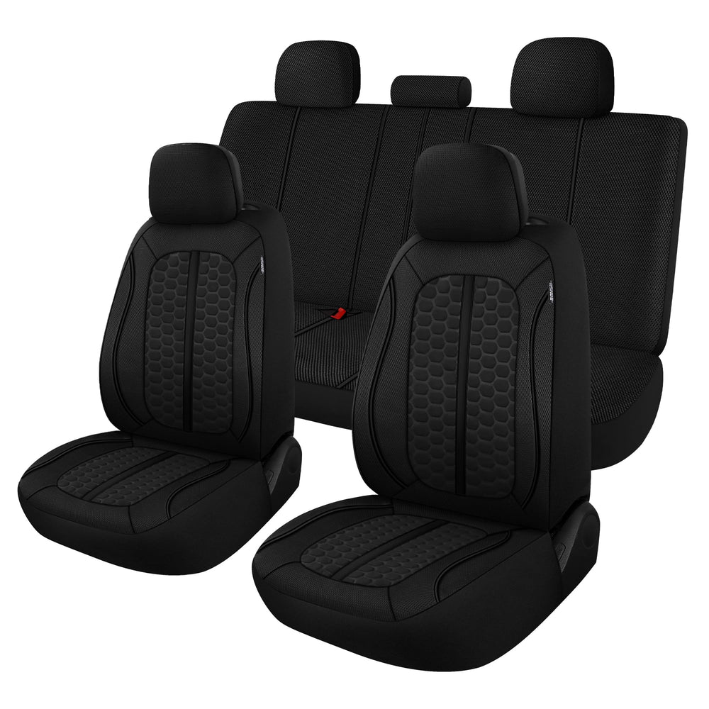 Kaisaatti front seat full set showing sleek black breathable finish and protection benefit