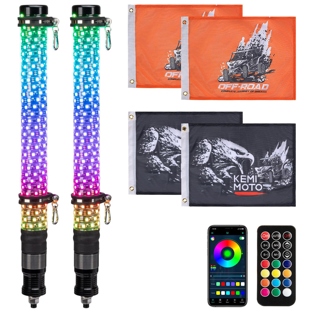 KEMIMOTO front packaging showing two 2ft fat whip lights and accessories for quick install