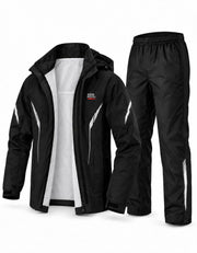 KEMIMOTO front view of rain suit showing waterproof protection benefit