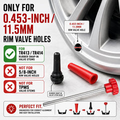 kiaikmc TR413 and TR414 rubber valve stems close-up showing correct fit for 0.453-inch holes