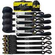 KJE front packaging showing four ratchet strap sets and carry bag for organized storage