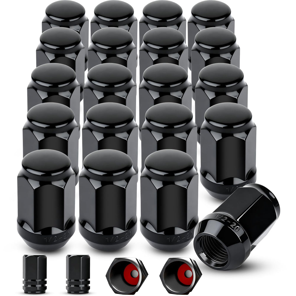 Klmnduo front view of 20 closed-end lug nuts showing complete kit and packaging benefit