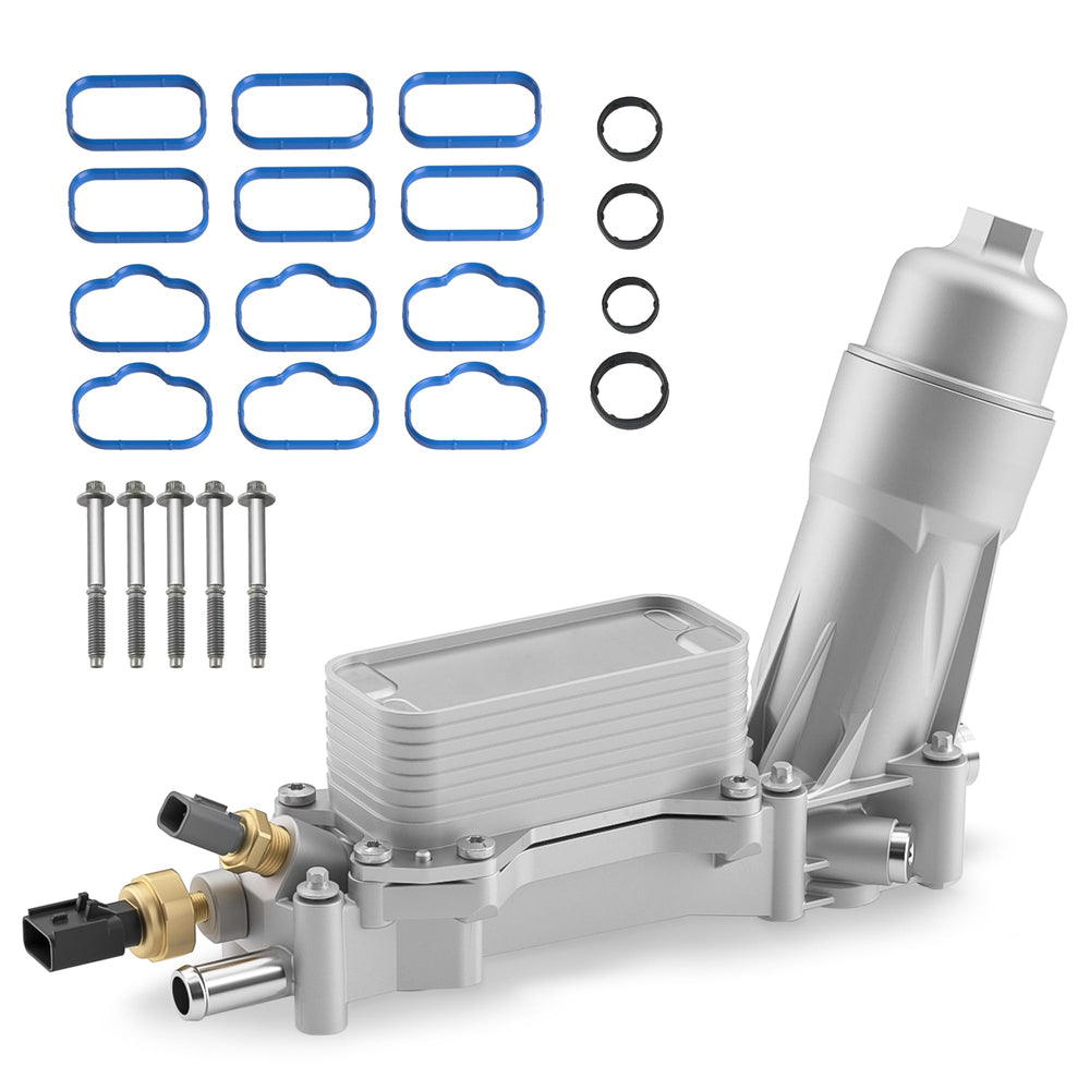 KLN PERFORMANCE front view of aluminum oil filter housing showing rugged construction and leak prevention