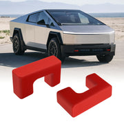 Klutchtech red tow hook cover on Cybertruck front showing clean finish and added style