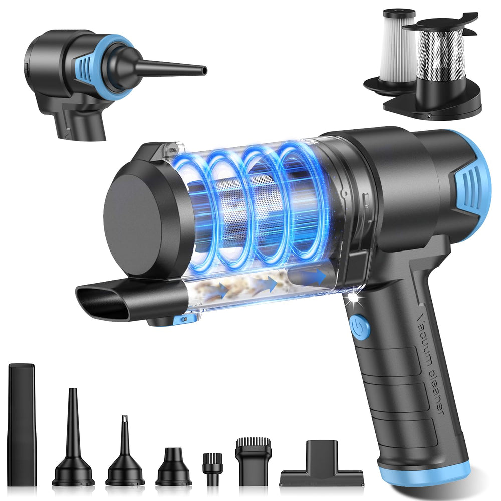 KMM handheld vacuum front view showing compact design and benefits