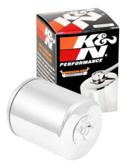 K&N front view of oil filter showing robust canister and label, fast maintenance benefit