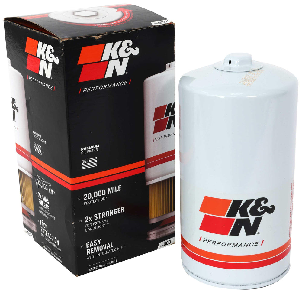 K&N HP-6001 front view showing durable canister and brand for reliability