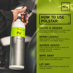 KOCHCHEMIE spraying cleaner onto car seat demonstrating safe application