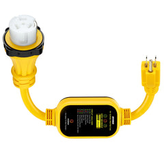 Kohree front-facing adapter showing 50A female and 15A plug, ensures safe household connection