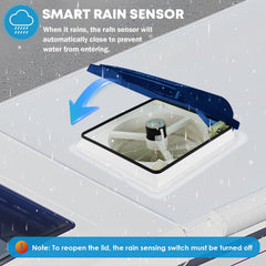 Kohree vent lid open on RV roof showing powered lift and rain protection benefit