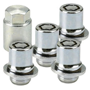 KoiLuvGo front view of four chrome wheel lock lug nuts and key, showing secure fit