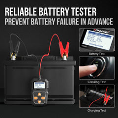 KONNWEI KW208 testing a car battery in-vehicle showing plug-and-play convenience