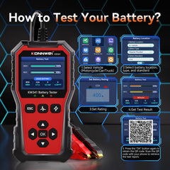 KONNWEI KW341 attached to a car battery in open hood for practical use