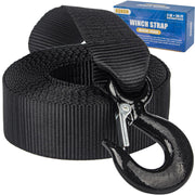 KONON front view of winch strap showing label and heavy-duty webbing benefit