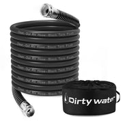 Kooprimit front view of 50ft black water hose showing packaging and benefit of durable design