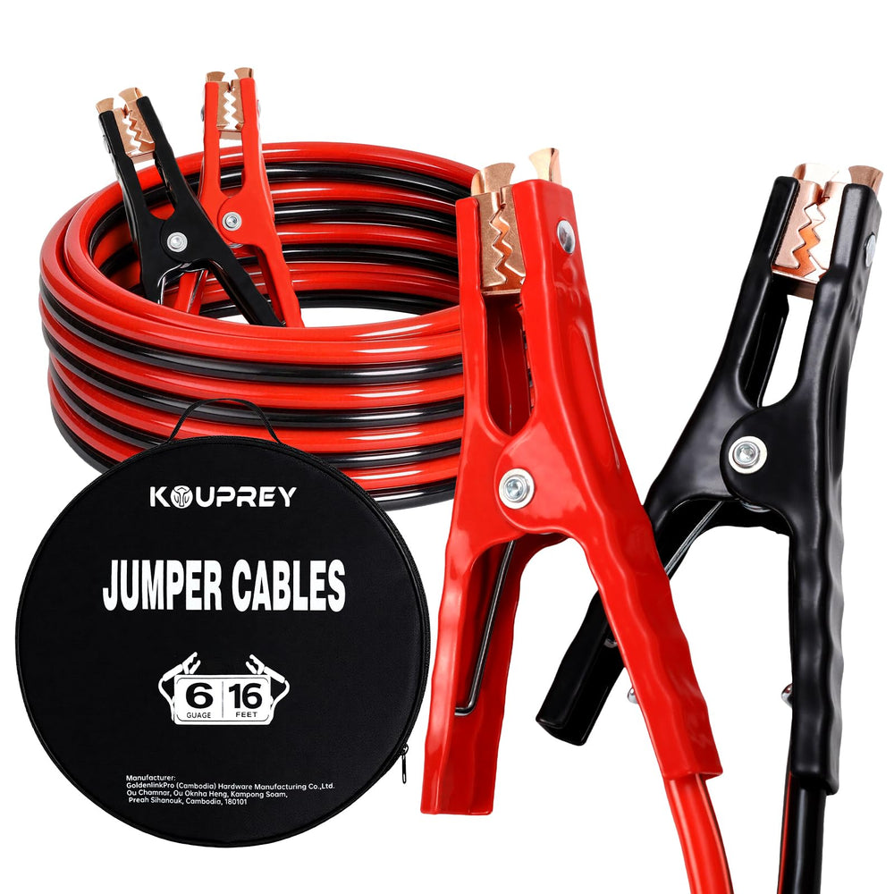 KOUPREY front view of boxed jumper cables showcasing durable kit and quick access benefit