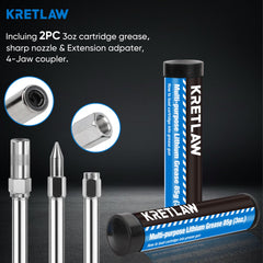 KRETLAW 12-inch spring flex hose attached for reaching recessed grease fittings easily