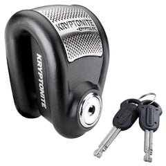 Kryptonite disc lock front view showing robust body and visible alarm indicator, increases theft deterrence