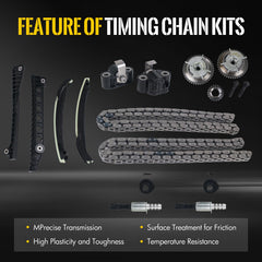KUSATEC timing chains with tensioners laid out to show included parts for complete repair