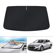 KUST windshield sun shade front view showing full Chevy Malibu coverage and sun protection