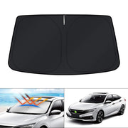 KUST front view of windshield sun shade packaging showing fit for Honda Civic and quick install