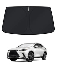 KUST front packaging showing custom-fit windshield shade protecting dashboard