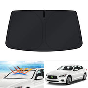KUST sun shade front view showing perfect fit on Infiniti Q50 windshield and full coverage