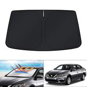 KUST windshield shade front view showing full windshield coverage and precise fit for Sentra